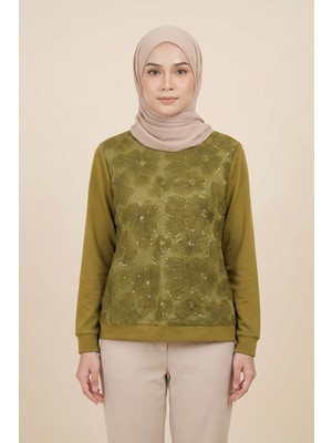 Modarte Kadın Tesettür Sweatshirt Çiçek Desenli Kabartmalı – Bisiklet Yaka Günlük Sweat Yağ Yeşili