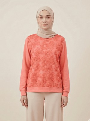 Modarte Kadın Tesettür Sweatshirt Çiçek Desenli Kabartmalı – Bisiklet Yaka Günlük Sweat Somon