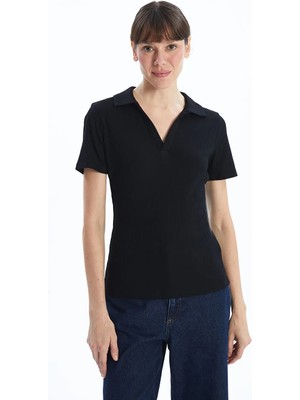 LC Waikiki Siyah Polo Yaka Kadın Tişört