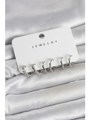 Butik Mey Ithalat® Gümüş Renk Pirinç Kemik Model 3 Çift Kadın Küpe Seti