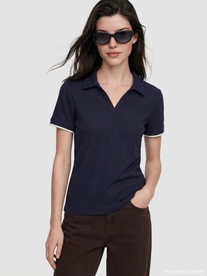 LC Waikiki Lacivert Polo Yaka Kadın Tişört