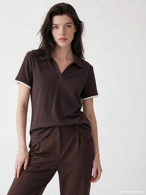 LC Waikiki Kahverengi Polo Yaka Kadın Tişört