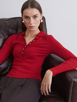 LC Waikiki Kırmızı Polo Yaka Modal Karışımlı Kadın Tişört