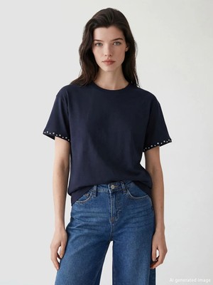 LC Waikiki Lacivert Bisiklet Yaka Taşlı Soft Touch Kadın Tişört
