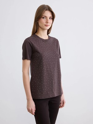 LC Waikiki Kahverengi Bisiklet Yaka Taşlı Kadın Tişört