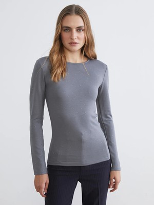 LC Waikiki Gri Bisiklet Yaka Taşlı Kadın Tişört