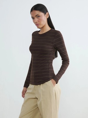 LC Waikiki Kahverengi Bisiklet Yaka Çizgili Kadın Body