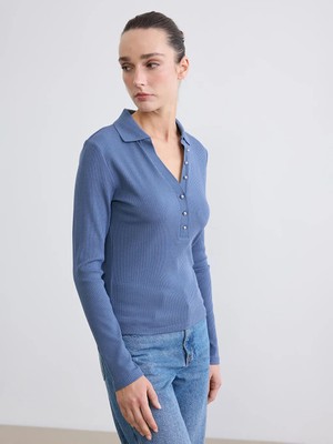 LC Waikiki Indigo Polo Yaka Fitilli Kadın Body