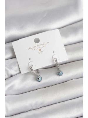 Butik Mey Ithalat® Minimal Nazarlı Model Gümüş Renk Zirkon Taşlı Kadın Küpe