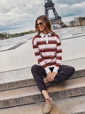 LC Waikiki Ekru Polo Yaka Çizgili Kadın Tişört