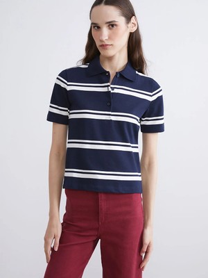 LC Waikiki Lacivert Polo Yaka Çizgili Kadın Tişört