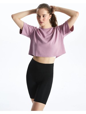 LC Waikiki Mor Bisiklet Yaka Crop Kadın Spor Tişört