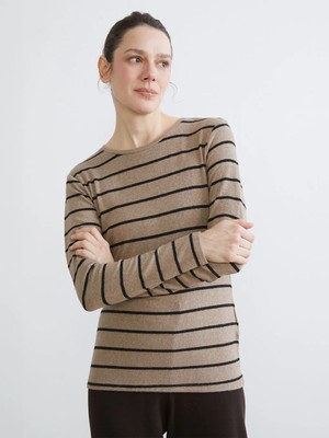 LC Waikiki Kahverengi Bisiklet Yaka Çizgili Kadın Tişört