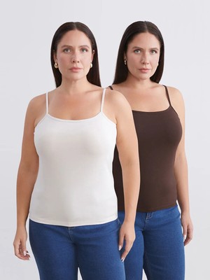 LC Waikiki Kahverengi Büyük Beden U Yaka Ip Askılı Kadın Atlet 2'li