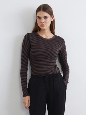 LC Waikiki Kahverengi Bisiklet Yaka Çizgili Kadın Body