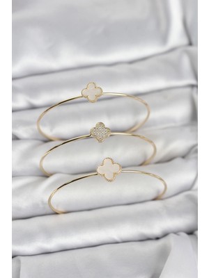 Butik Mey Ithalat® Gold Renk Yonca Model Zirkon Taşlı 3'lü Kadın Bileklik Kombini