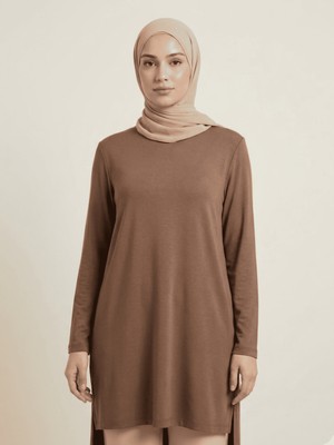 Modarte Kadın Uzun Tesettür Tunik Basic Salaş – Yan Yırtmaçlı Günlük Sweat Tunik Latte