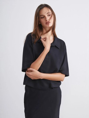 LC Waikiki Siyah Polo Yaka Kadın Tişört