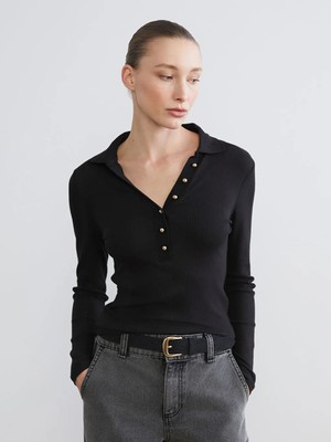 LC Waikiki Siyah Polo Yaka Modal Karışımlı Kadın Tişört