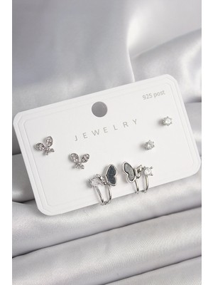 Belle Fusion Mey Ithalat® 925 Ayar Gümüş Çivi Pirinç Gümüş Renk Zirkon Taşlı Kelebek Model Kadın Küpe Seti