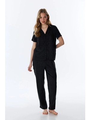 Penti Siyah Lilah Saten Gömlek Pantolon Pijama Takımı