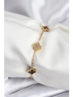 Belle Fusion Mey Ithalat® 316L Çelik Gold Renk Siyah ve Zirkon Taşlı Baby Boy Yonca Kadın Bileklik