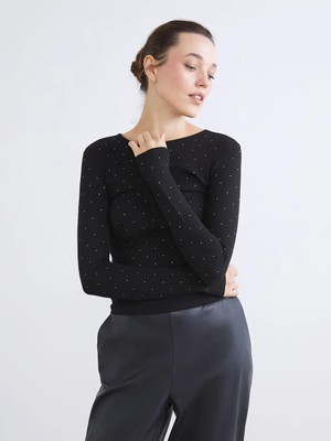 LC Waikiki Siyah Bisiklet Yaka Taşlı Kadın Tişört