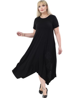 Melsay Butik Siyah Taş Baskılı Asimetrik Kısa Kollu Elbise