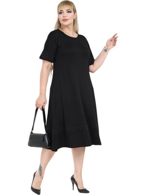 Melsay Butik Siyah Taş Baskılı Şerit Kısa Kollu Midi Elbise