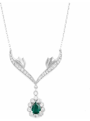 Afrodit Silver Zümrüt Rengi Taşlı Kanatlı Melek Gümüş Kadın Kolye