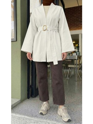 Foremia Geniş Manşet Kuşak Detay Ceket-Ekru -