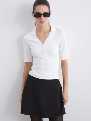 LC Waikiki Ekru Polo Yaka Fitilli Kadın Tişört