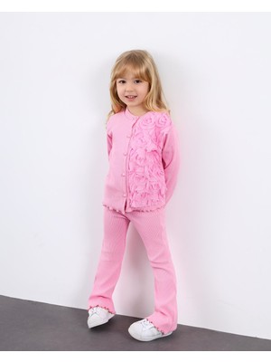 ButumiKids Kız Çocuk Gül Detaylı Kaşkorse Kumaş Pembe Alt Üst Takım