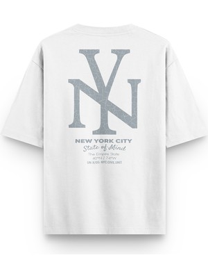 Overoz New York City Sırt Baskılı Yarı Oversize Unisex Beyaz Tshirt 1384