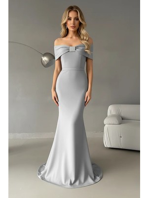 Euro Class Madonna Yaka Taş Detay Maxi Boy Scuba Kumaş Balık Abiye Elbise