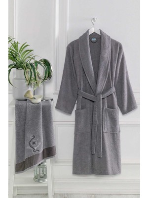 Elmira Textile 4 Parça Aile Bornoz Seti Kadın Erkek Havlulu Bornoz Takımı 100 Pembe Gri