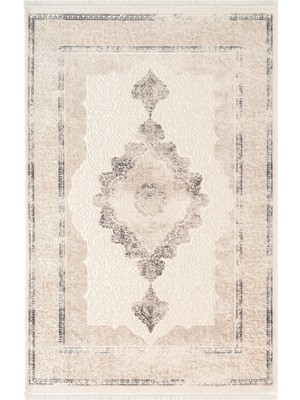 Karmen Halı Look Classıc LK005M Çerçeveli Krem Gri Klasik Desen Akrilik Dokuma Taban Tozuaz Oturma Odası Halısı
