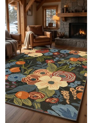 Kilim Home Koyu Zemin Çiçekli Halı Modern Floral Desenli Salon Oturma Odası Halısı