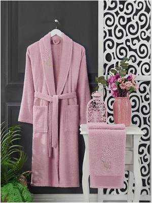 Elmira Textile 4 Parça Aile Bornoz Seti Kadın Erkek Havlulu Bornoz Takımı 100 Lacivert Pembe