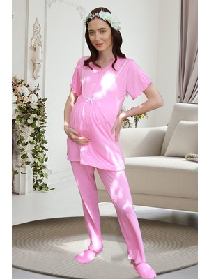 Jenika Hamile Uzun Kollu Sabahlıklı Düğme ve Biye Detaylı 3 Lü Pijama Takımı