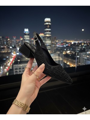 Kindep (Bono) Damla Taş Detaylı Kalın Kısa Topuklu Burnu Kapalı Kadın Abiye Ayakkabı Siyah