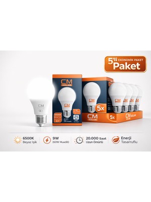 CM 9W 6500K Beyaz Işık LED Ampul 5’li Paket E27 Duy Yüksek Parlaklık Tasarruflu