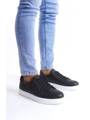 Aymood SLW166 Prestige Bağcıklı Cilt Kapitone Desenli Erkek Günlük Sneaker Ayakkabı Bt Siyah