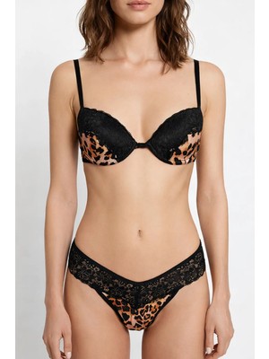 Laperissa Siyah Dantel Detaylı Leopar Desenli Sütyen Külot Takımı