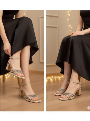 Kindep (Park Moda) Taş Biye Detaylı Topuklu Kadın Abiye Ayakkabı Altın