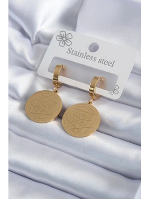 Aesco 316L Çelik Gold Renk Pentagram Yıldızı Işleme Model Kadın Küpe