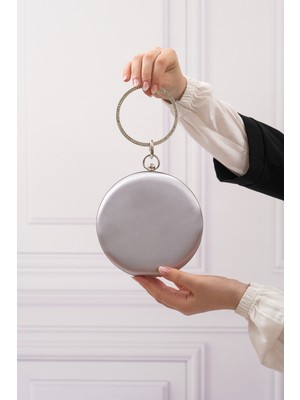 Roza Çanta Kadın Gümüş Saten Yuvarlak Abiye Ğece Çantası