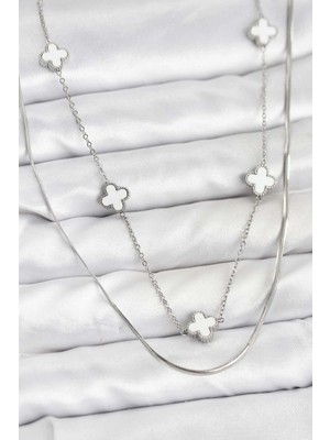 Aesco 316L Çelik Zincir Gümüş Renk Italyan Zincirli Yonca Model Kadın Kolye