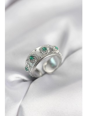 Aesco Yeşil Zirkon Taşlı Gümüş Renk Vintage Kadın Yüzük