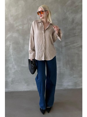 Madmext Bej Çizgili Oversize Kadın Gömlek MG2327